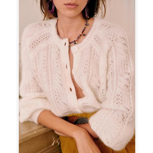 NWT Sezane Alma Cardigan Small Ecru Cream Ivory Kid Mohair Sweater Knit French - Picture 1 of 10